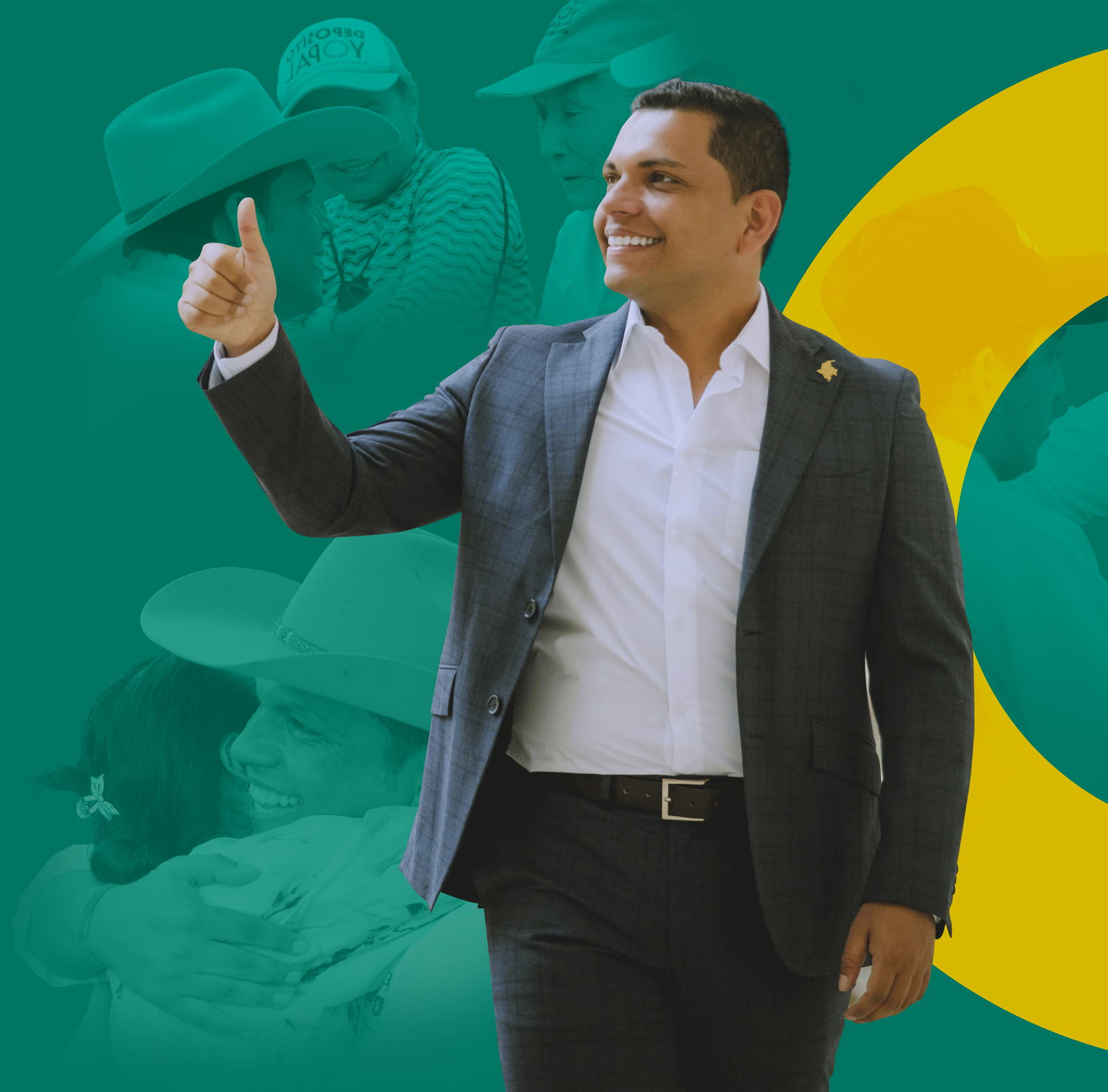 Diego García sonriendo y levantando el pulgar, con escenas de encuentro con la comunidad al fondo